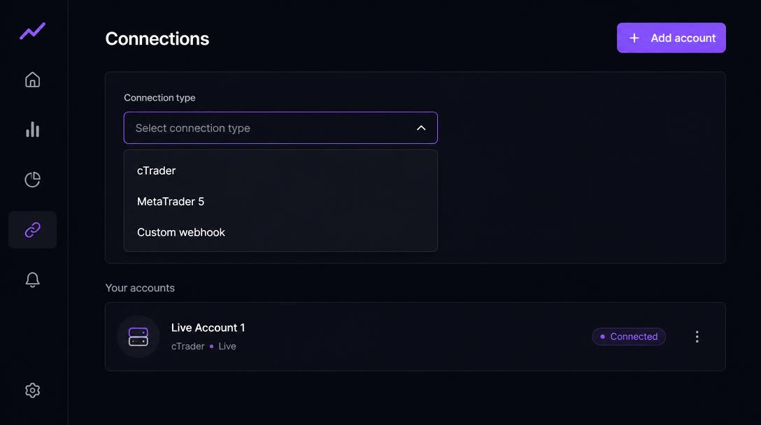 The Connections page with the Add account form open and a connection type selected